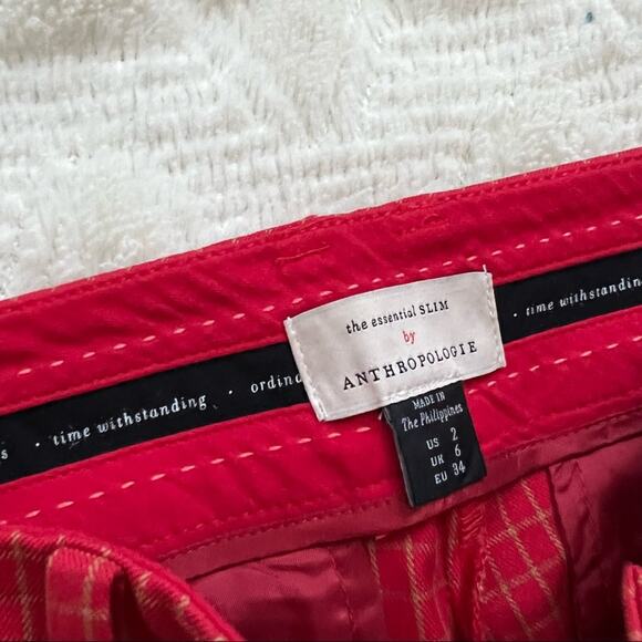 Anthropologie Red Checked Cropped Split Hem Essential Slim Pants - Picture 4 of 8